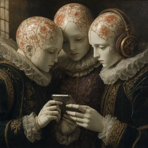 Três androides de porcelana conferindo um celular juntos