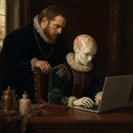 O mentorado ao lado de um androide que digita no laptop